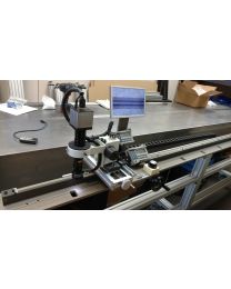 Cantilevered system - parts can be loaded from front of the gage. This unit is made to measure .030" diameter tubing, up to 90 inches long. V-channels for 5 parts. X and Y digital readouts.